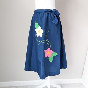 Vintage Navy Floral Applique Wrap Skirt L